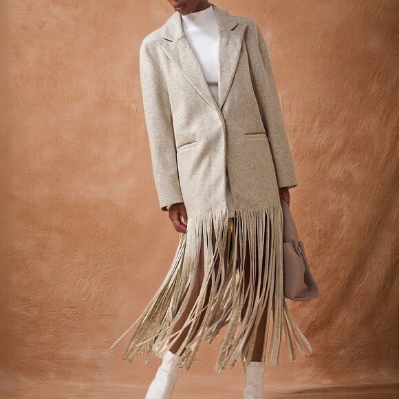 Light Grey Casual Women's Long Sleeves Fringed Hem Tweed Coat - Picture 1 of 8